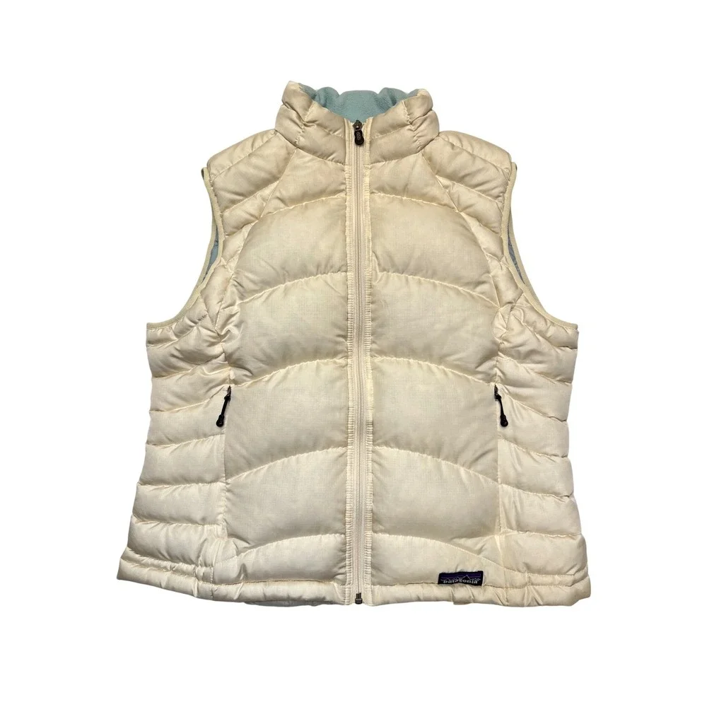 Patagonia Cream Aqua Outdoors Hiking Gorpcore Goose Down Puffer Vest Size L